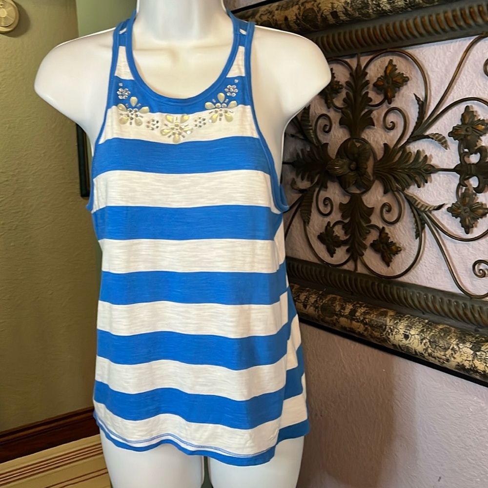 EUC Hollister Tank Top- Blue/white stripped front rhinestone accents Sz XS💚